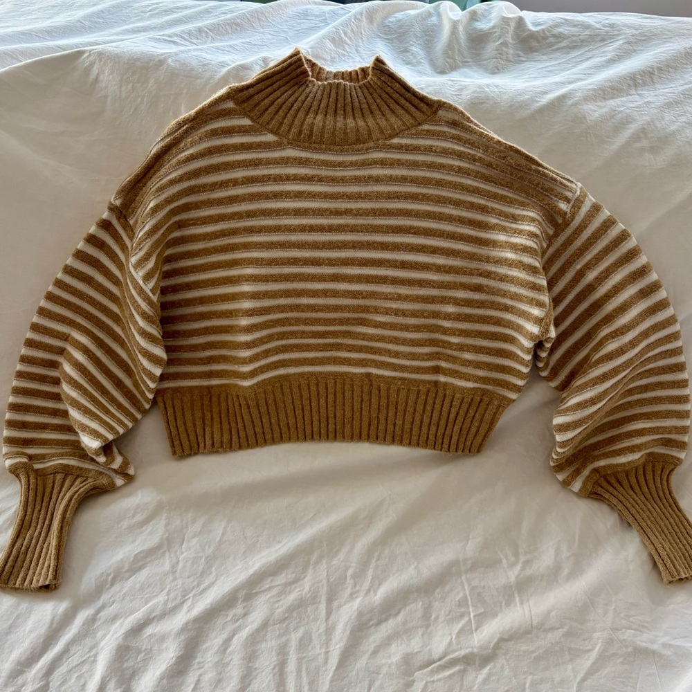 Cider Tan and Cream Striped Mock Neck Sweater